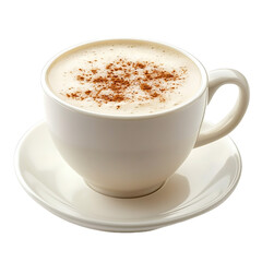 A steaming cup of latte topped with cinnamon powder, served on a white saucer.