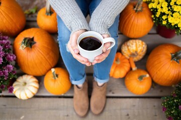 Woman holding coffee surrounded by pumpkins on porch enjoying autumn season and fall colors