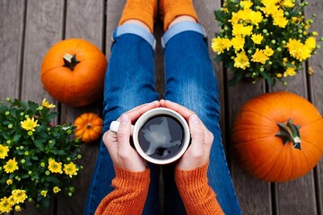 Cozy autumn morning with coffee pumpkins and mums in warm sunlight on wooden deck