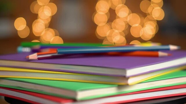 Colorful notebooks stacked with vibrant pencils resting on top create a warm, festive mood with bokeh lights, perfect for back to school content and educational themes