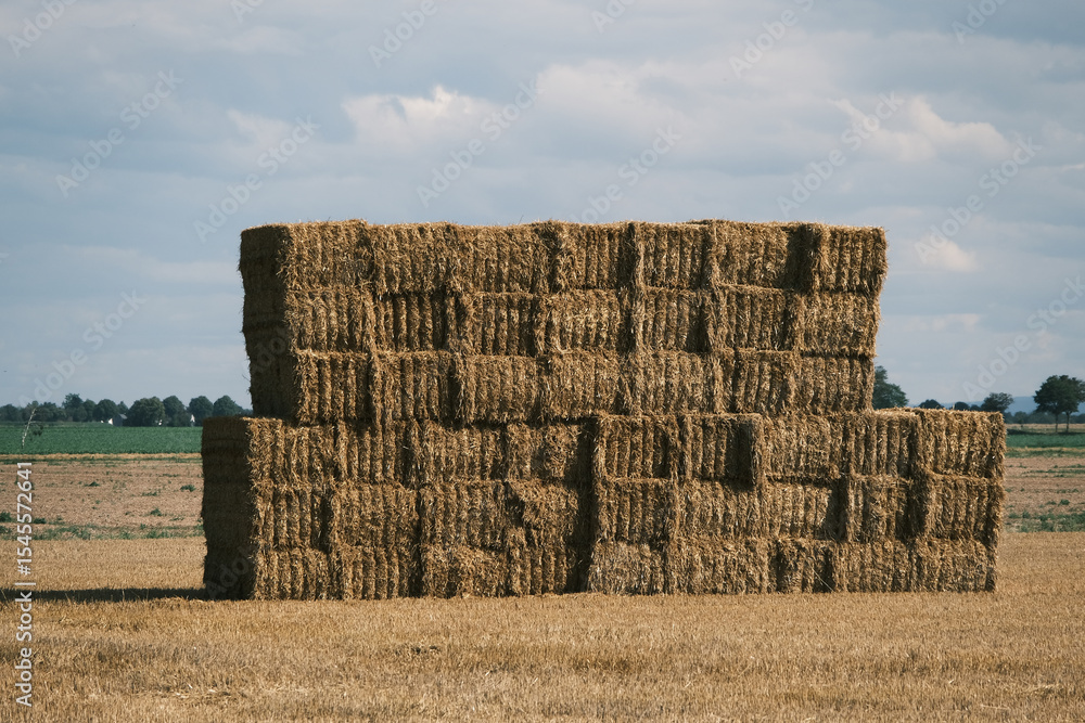 Poster a stack of hay is piled high in a field