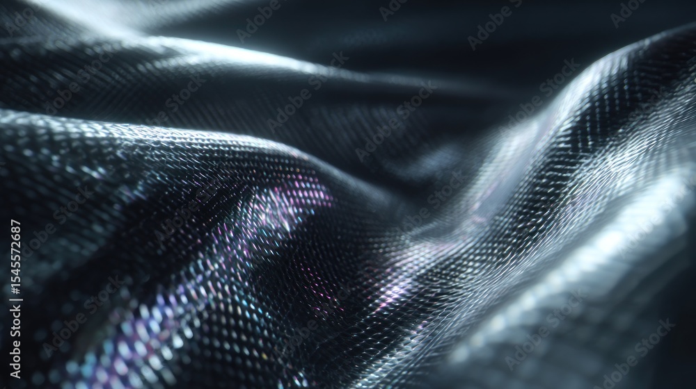 Poster a close up view of a shimmering dark fabric with a textured surface and subtle iridescent sheen effe