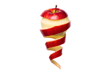 Red apple with peel spiraling down isolated on transparent background
