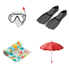 Watersports Equipment Set. Snorkel mask, fins, mat, and beach umbrella, isolated on transparent background. Summer vacation, beach activities, watersports gear, travel blogs, holiday essentials