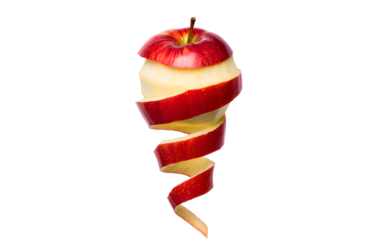 Red apple with peel spiraling down isolated on transparent background