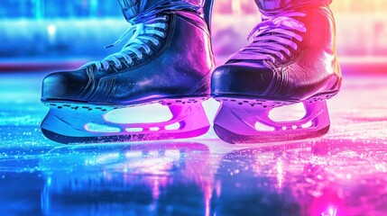 Ice hockey skates on a rink, vibrant colors