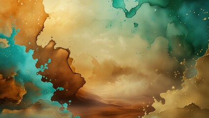 Abstract watercolor painting with teal gold and earthy tones for background or texture