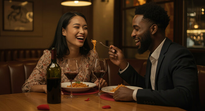 Happy couple having romantic dinner in restaurant, eating pasta and drinking red wine. Happy Valentine day concept - Powered by Adobe