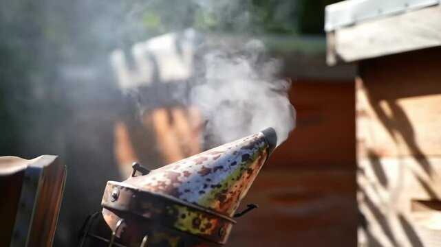 Beekeeping tool smoker blowing smoke in apiary, metal and rusty bee smoker creating smoke to calm bees, beekeeping concept with blurred wooden beehives on background in sunny day