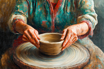 The woman's hands close up, the masterful studio of ceramics works with clay on a potter's wheel