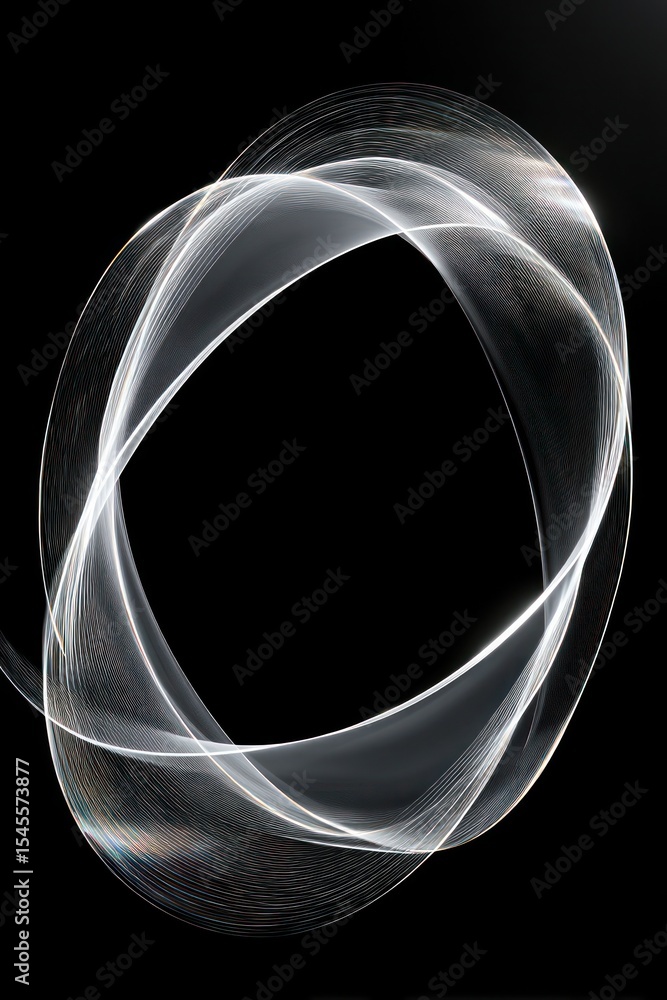Poster abstract white flowing lines forming an oval shape against a stark black background creating contras