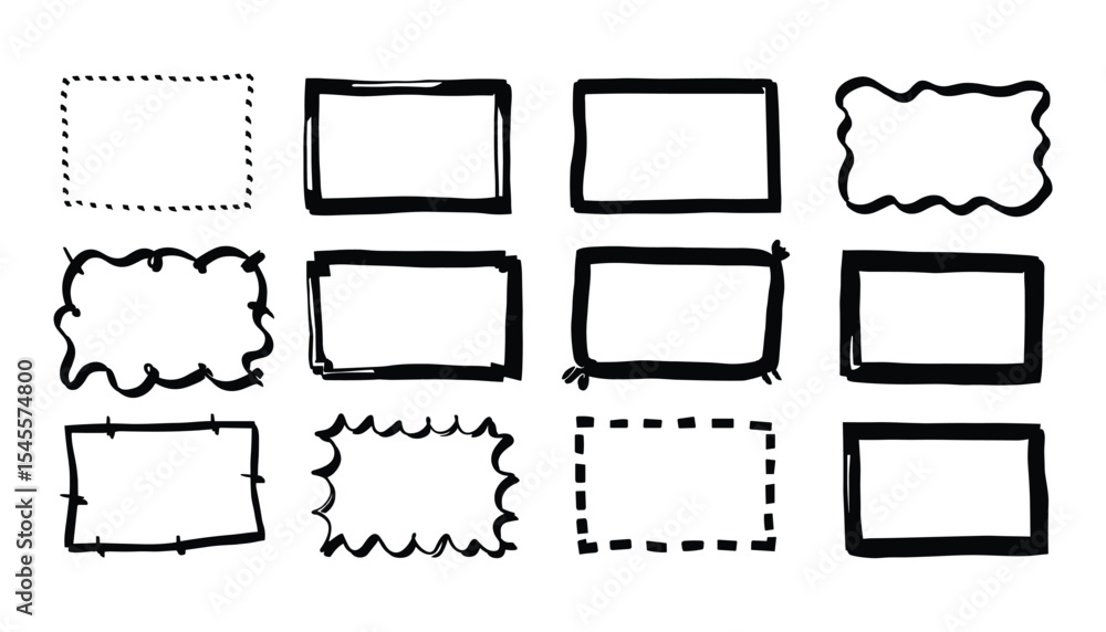 Poster hand drawn rectangular frames, doodle borders, and sketch shapes. a versatile set of vector elements