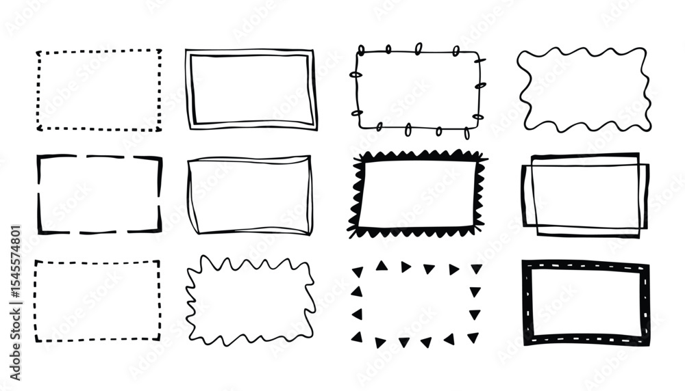 Poster hand drawn rectangular frames, doodle borders, and sketch shapes. a versatile set of vector elements