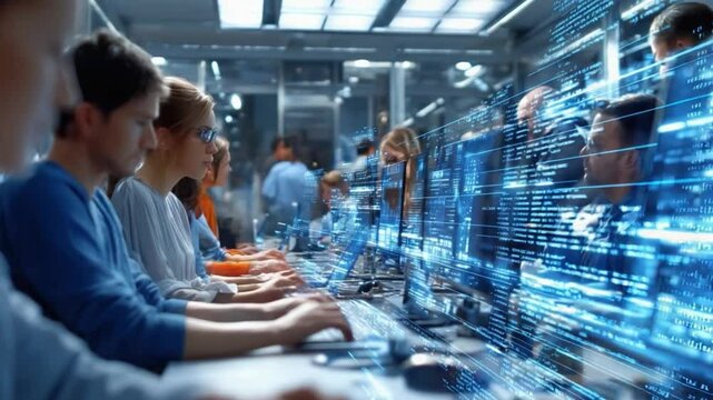 Technology Professionals Immersed in Data: A team of tech professionals, focused intently on their screens, navigates through intricate digital interfaces.
