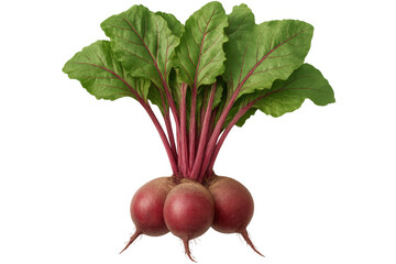 Vibrant red beetroots with verdant green leaves, whole and unpeeled, displaying rich color against transparent background