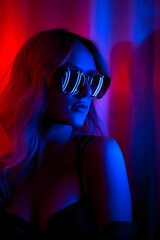 A woman wearing sunglasses in a vibrant red and blue setting, gazing into the distance with a cool, mysterious look.