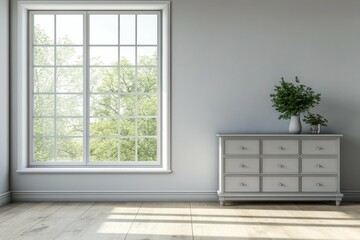 detailed picture of Grey living room interior with dresser and panoramic window mockup frame high detail