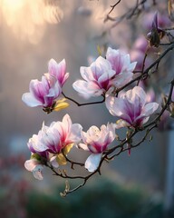 Fototapeta premium Magnolia Blossoms in Spring Light with Serene Garden Ambience, Tree Branch with White Flowers in Full Bloom