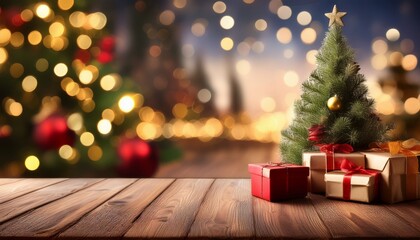 christmas tree and presents on wooden table with blurred background