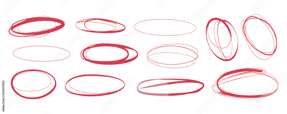 Poster a set of red circle vectors for highlighting and emphasis. includes various styles of hand-drawn cir
