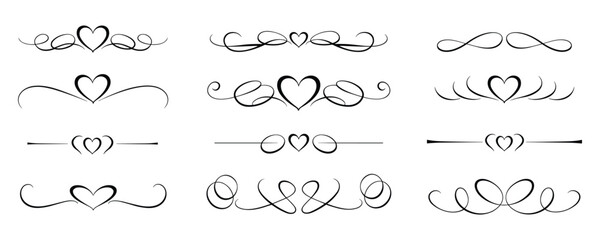 A collection of elegant heart swirl dividers for decorative design. Includes various styles of heart-themed separators and ornaments.