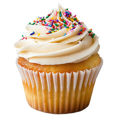 A delightful vanilla cupcake topped with creamy frosting and colorful sprinkles