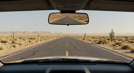 Driving on Desert Road with Cactus Landscape Seen Through Windshield