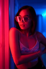 A fashionable woman poses confidently in a stylish outfit under dramatic lighting, exuding an aura of chic elegance.