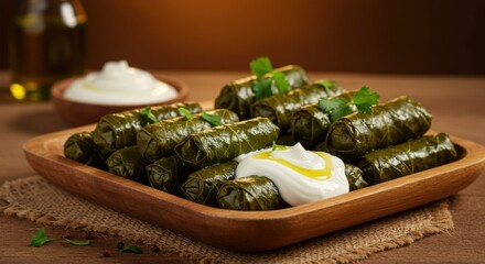 Delicious Stuffed Grape Leaves On Wooden Platter