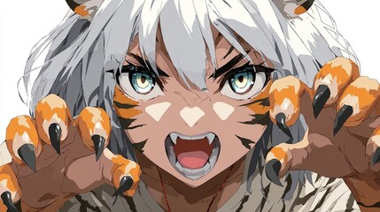 Angry anime girl with tiger features, wide eyes and open mouth