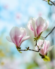Fototapeta premium Magnolia Blossoms in Spring Light with Serene Garden Ambience, Tree Branch with White Flowers in Full Bloom