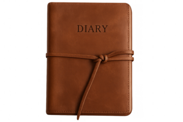 Brown leather diary closed with a knotted string, isolated on transparent background, perfect for creative projects