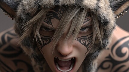 Close-up of a stylized character with a fierce expression, wearing a fur hood and tribal face markings