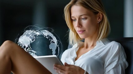 Global Connectivity: A focused woman engrossed in her tablet, with the ethereal glow of a digital globe overlayed, symbolizes global communication and modern technological engagement. - Powered by Adobe