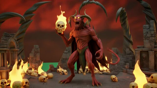 Red Demon Standing Holding Skull In Green Screen Surrounded By Flames And Skulls With Ruins In Background 3D Render