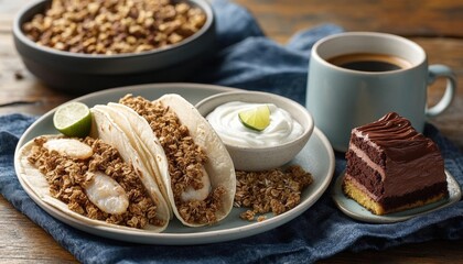 Fish Tacos With Granola And Chocolate Dessert