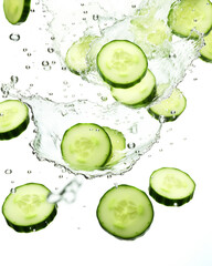 Bright green cucumber slices arranged in floating style, isolated on white background, used for vegetarian, or summer freshness visuals

