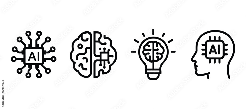 Poster a set of artificial intelligence ai brain icons. includes brain with circuits, lightbulb brain, and 