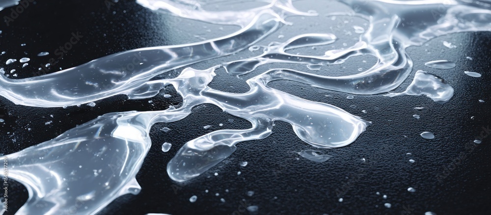 Poster close up of clear liquid or gel spilled on a dark surface creating abstract patterns and reflections