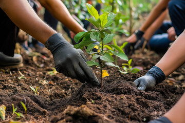 Tree planting on volunteer family's hands for eco friendly and corporate social responsibility campaign concept