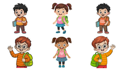Set of happy cartoon school children with backpacks and books in cute outfits