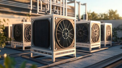 Obraz premium Industrial cooling system array in outdoor setting under golden light