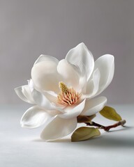Obraz premium Elegant White Magnolia Blossom Macro Shot on Pure White Background, Soft Shadowed Floral Arrangement