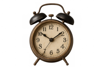 Old-fashioned alarm clock featuring classic bells, set against a transparent background, capturing the essence of timekeeping nostalgia