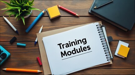 Training Modules on Desk with Stationery and Green Plant Elements