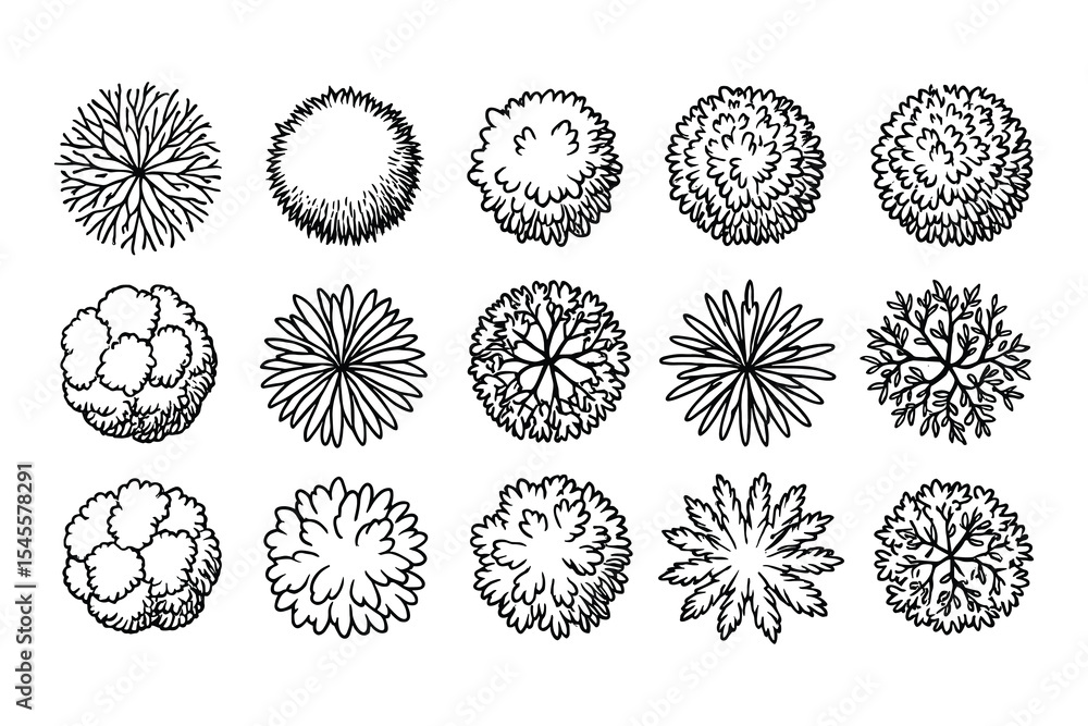 Poster a top view tree line art set on a white isolated background. perfect for architectural plans and lan