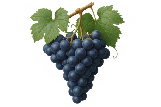 Ripe purple grape cluster with verdant leaves, showcasing natural vineyard harvest on pristine transparent backdrop