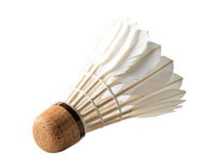 Close-up of a single shuttlecock, cork base, white feathers, badminton sport