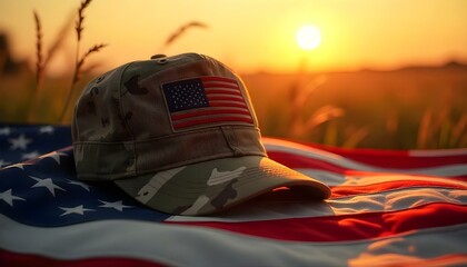 A camouflage cap with an American flag patch rests on a U.S. flag in a field at sunset, honoring Memorial Day and reminding us to never forget those who served