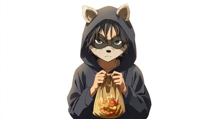 Anime character, youth, raccoon hood, holding bag of food